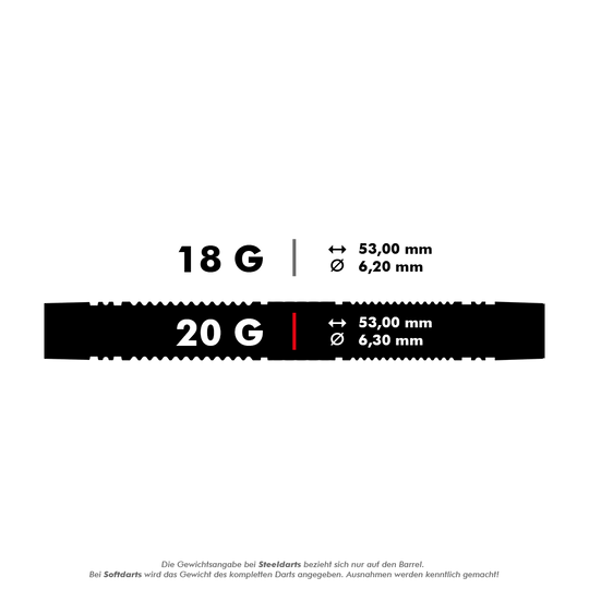Das Bild zeigt die technischen Daten von zwei Softdarts mit einem Gewicht von 18 g und 20 g. Beide Darts sind 53 mm lang, der Durchmesser beträgt 6,2 mm bzw. 6,3 mm.