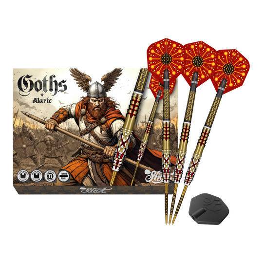 Shot Goths Alaric Turbo Point Steeldarts - 23g Abgebildet sind die Shot Goths Alaric Turbo Point Steeldarts - 23g. Die Darts eignen sich besonders für Steeldartspieler.
