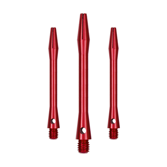 Auf dem Bild sind drei rote Aluminiumschäfte zu sehen. Sie haben ein schlankes Design mit Gewinde am unteren Ende.