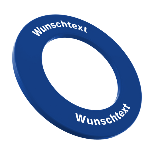 Ein rundes Dartboard Surround in Blau mit individuellem Text ist abgebildet. Das Produkt wird von vorne gezeigt.
