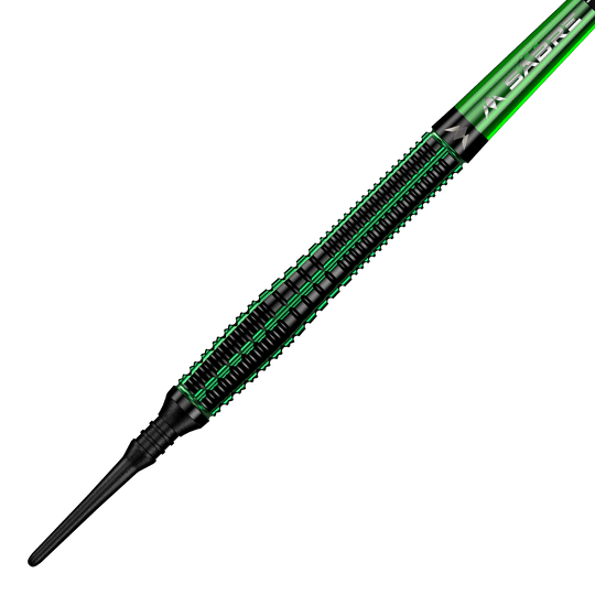 Mission Venom Softdarts - 20g Das Bild zeigt einen Mission Venom Softdart mit einem Gewicht von 20 Gramm. Der Dart ist überwiegend schwarz mit grünen Akzenten und einem schlanken Design.