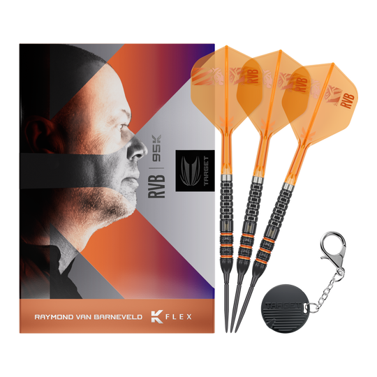 Das Bild zeigt die vollständigen Target Raymond Van Barneveld 95K Swiss Points Steeldarts. Dieses Modell richtet sich an ambitionierte Dartspieler.