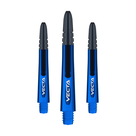 Das Bild zeigt drei blaue Winmau Vecta Shafts für Dartpfeile. Die Shafts haben eine glänzende Oberfläche und sind mit dem Schriftzug "VECTA" versehen.