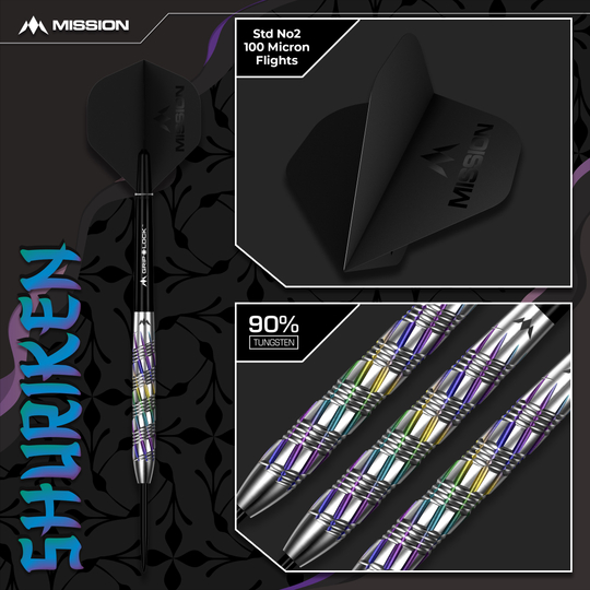 Mission Shuriken Steeldarts Das Bild zeigt die Mission Shuriken Steeldarts. Diese Darts sind speziell für das Steeldart-Spiel entwickelt.
