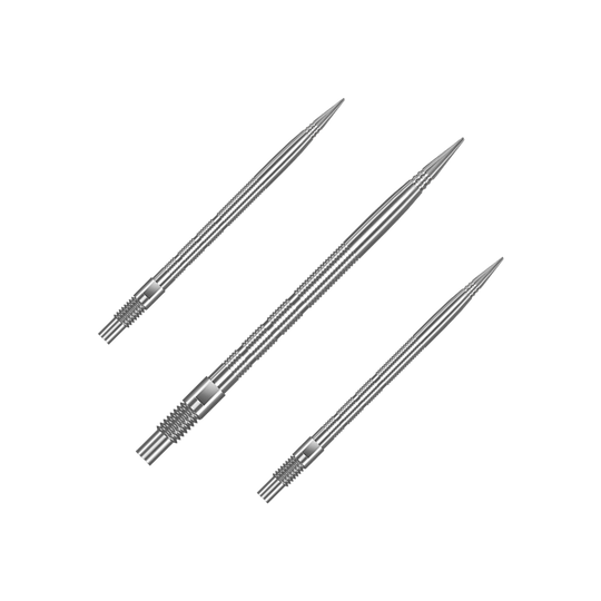 Das Foto zeigt ein Set silberner Harrows Quick Point MicroRidge Dartspitzen, 35 mm lang. Mehrere Dartspitzen wurden zusammen gruppiert dargestellt.