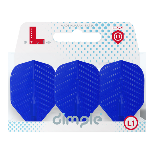Auf dem Bild sind drei blaue Dart-Flights in einer Verpackung zu sehen. Die Verpackung trägt die Aufschrift "dimple" und das Logo "L-style".