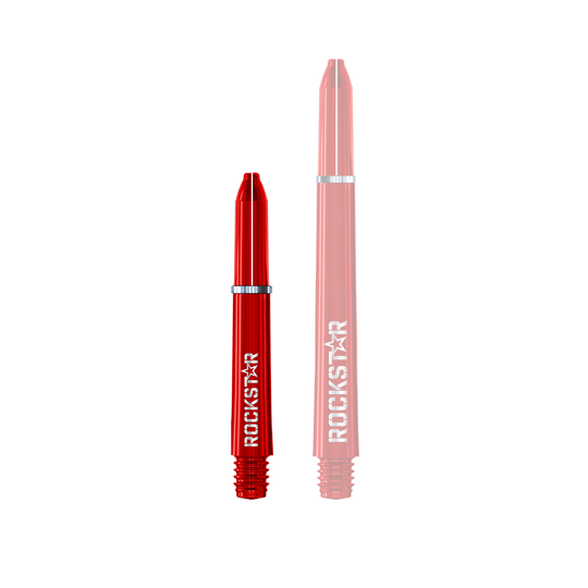 Winmau Joe Cullen Rockstar Nylon Shafts Das Bild zeigt zwei rote Dartschäfte in unterschiedlichen Längen. Auf beiden Schäften steht das Wort "ROCKSTAR" in weißer Schrift.