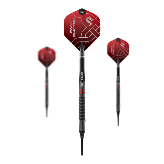 Red Dragon Jonny Clayton RD-ADV Softdarts - 18g Auf dem Foto ist das Set der Red Dragon Jonny Clayton RD-ADV Softdarts - 18g zu sehen. Drei Softdarts liegen nebeneinander als Set.