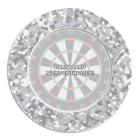 McDart Camo Dartboard Surround Dieses Bild zeigt ein Dartboard-Surround mit Schneetarnung. Das Produkt ist rund und dient als Schutz für die Wand beim Dartspielen.