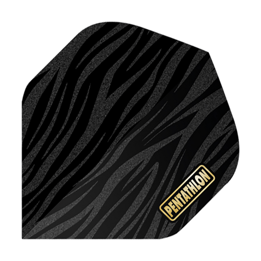 Das Bild zeigt ein Dartflight mit einem Zebra-Muster in Schwarz und Grau. In der unteren Ecke steht das Wort "Pentathlon" in gelber Schrift.