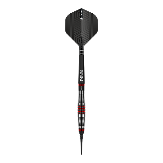 Red Dragon Marlin Venom Softdarts - 22g Das Bild zeigt einen Red Dragon Marlin Venom Softdart mit einem Gewicht von 22g. Der Dart hat ein modernes Design mit schwarzen und roten Akzenten.