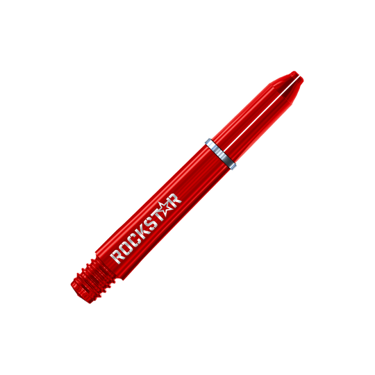 Winmau Joe Cullen Rockstar Nylon Shafts Das Bild zeigt einen roten Dart-Schaft mit der Aufschrift „ROCKSTAR“. Der Schaft hat eine glänzende Oberfläche und einen silbernen Ring in der Mitte.