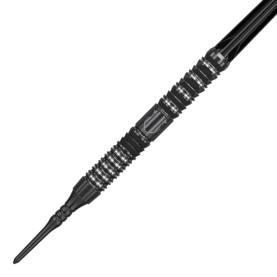 Target Japan Black Marque Draco GEN2 Softdarts - 20g Das Bild zeigt einen Target Japan Black Marque Draco GEN2 Softdart mit einem Gewicht von 20g. Der Dart ist schwarz-silbern und hat ein modernes, gerilltes Design für besseren Halt.