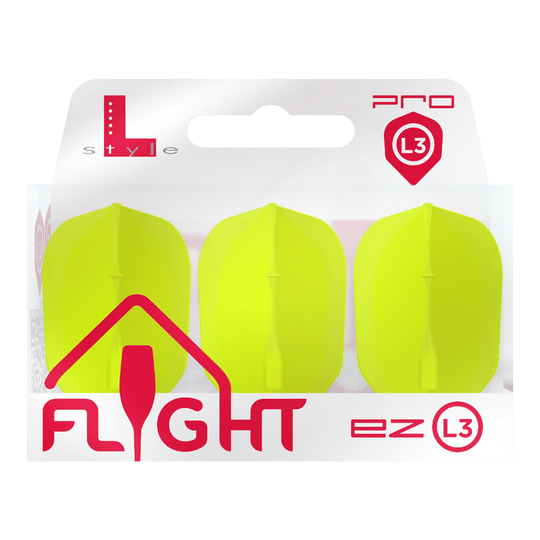 Das Bild zeigt eine Packung mit drei neon-gelben Dart-Flights der Marke L-Style. Auf der Verpackung steht „FLIGHT ez L3 Pro“.
