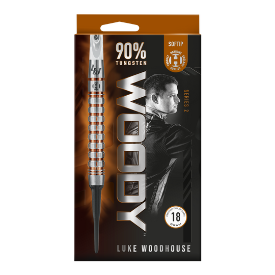 Harrows Luke Woodhouse Series 2 Softdarts - 18g Die Verpackung zeigt die Harrows Luke Woodhouse Series 2 Softdarts mit einem Gewicht von 18 Gramm. Auf der Vorderseite ist ein großes Bild eines Softdarts sowie das Porträt von Luke Woodhouse abgebildet.