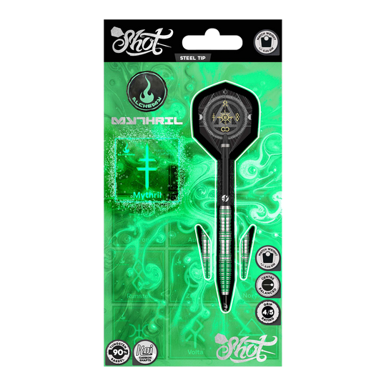 Shot Alchemy Mythril Steeldarts Dieses Bild zeigt die Shot Alchemy Mythril Steeldarts. Das Design der Steeldarts ist detailliert und modern.