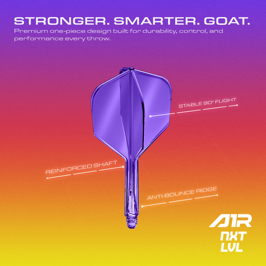 GOAT A1R No6 Flight-Shaft-System - Neon Lila Abgebildet ist das GOAT A1R No6 Flight-Shaft-System in leuchtendem Neon Lila. Es ist speziell für den Einsatz im Dartsport konzipiert.