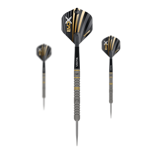 Das Bild zeigt drei Winmau Michael Van Gerwen Evo-X Steeldarts mit schwarzer und goldener Optik. Die Darts haben ein modernes Design und sind in einer Vorder- und zwei Seitenansichten dargestellt.