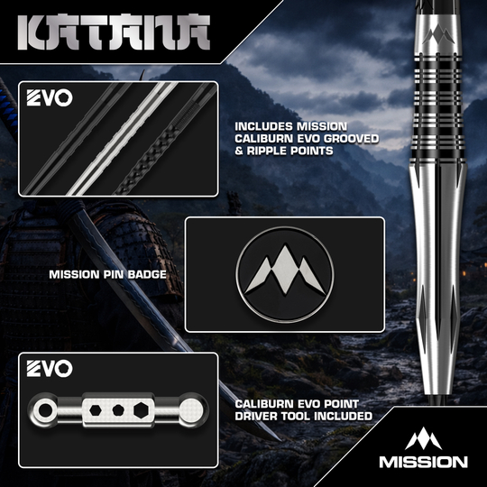 Mission Katana Steeldarts Mission Katana Steeldarts sind hochwertige Steeldarts. Auf dem Bild ist das Produkt aus nächster Nähe zu sehen.