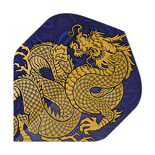Pentathlon Flights Dragon blau Das Bild zeigt ein Dart-Flight mit einem goldenen Drachenmotiv auf dunkelblauem Hintergrund. Es handelt sich um das Produkt "Pentathlon Dragon 4 Standard Flights".