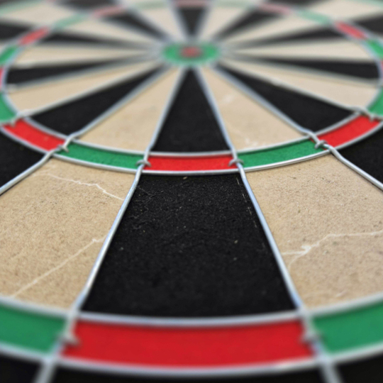 Target Dimitri Van Den Bergh Steeldartboard Set Das Bild zeigt eine Nahaufnahme eines Steeldartboards mit schwarz, beige, rot und grün markierten Segmenten. Besonders gut zu erkennen sind die Drähte, die die Felder voneinander trennen.