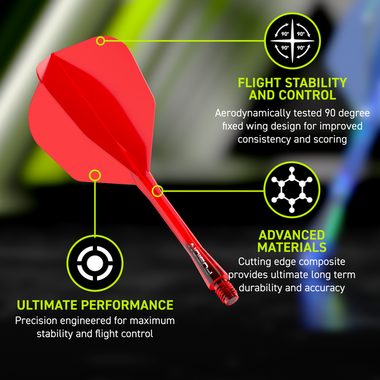 Abgebildet ist das Winmau Fusion Flight-Shaft-System No6 in Rot. Es ist als hochwertiges Flight- und Shaft-System für Dartpfeile konzipiert.