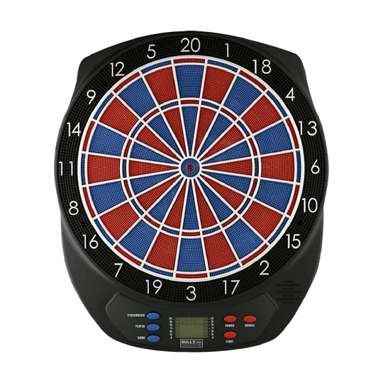 67963_Bulls_Scorpy_Elektronik_Dartboard_1 Das Bild zeigt das Bulls Scorpy Elektronik Dartboard. Es hat eine bunte Zielscheibe mit roten und blauen Feldern sowie ein digitales Bedienfeld unten.