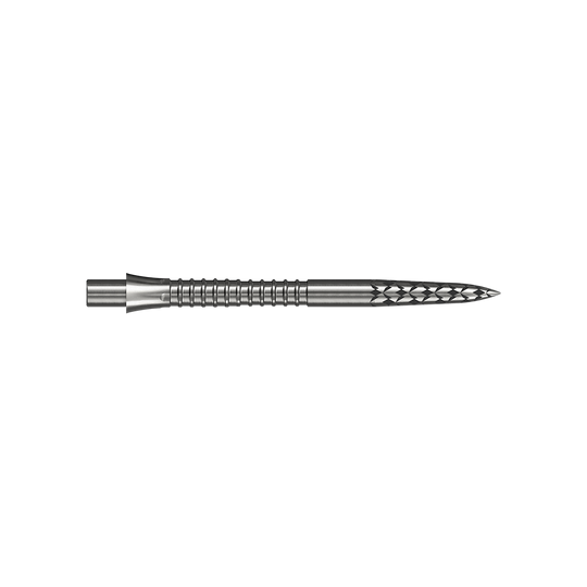 Eine silberfarbene Steeldartspitze mit einer Länge von 32 mm ist auf dem Bild zu sehen. Das Bild trägt den Dateinamen M002128_Missoin_Caliburn_EVO_GV-Logo_Steeldartspitzen_Silber_32mm_2.