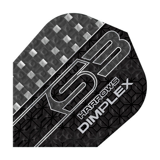 Harrows Dimplex S3 Flights - Smokey Das Bild zeigt ein Harrows Dimplex S3 Dart-Flight in der Farbe Smokey. Das Flight hat ein modernes, strukturiertes Design mit silbernen und schwarzen Mustern sowie der Aufschrift „S3 Harrows Dimplex“.