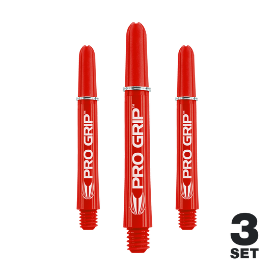 Auf dem Bild sind drei rote PRO GRIP Shafts für Darts zu sehen. Unten rechts steht "3 SET," was darauf hinweist, dass es sich um ein Set mit drei Stück handelt.