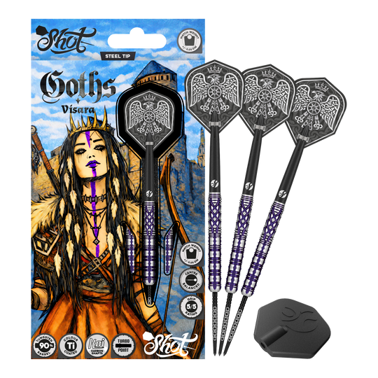 Shot Goths Visara Turbo Point Steeldarts - 23g Das Produkt zeigt die Shot Goths Visara Turbo Point Steeldarts - 23g in voller Ansicht. Diese Steeldarts stehen für Qualität und Zuverlässigkeit beim Dartspiel.