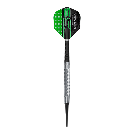 Harrows Dimplex S3 Tapered Softdarts Das Bild zeigt einen Harrows Dimplex S3 Tapered Softdart. Der Dartpfeil hat eine Metallspitze und ein schwarzes und grünes Flight-Design.