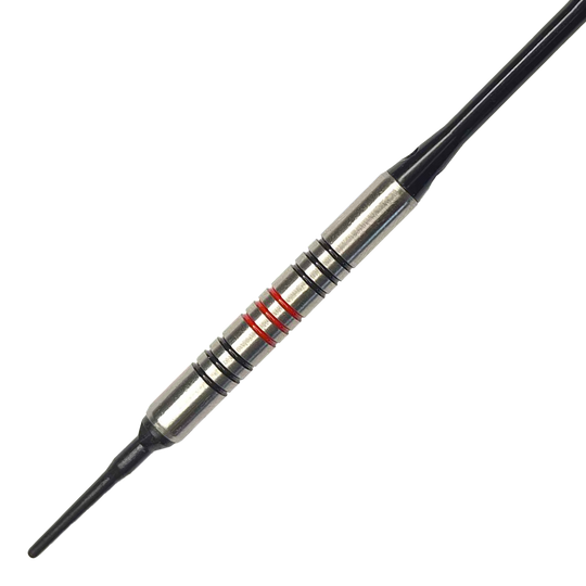 McDart 85er Tungsten V11 Softdarts - 17,5g Dies ist ein McDart 85er Tungsten V11 Softdart mit einem Gewicht von 17,5g. Der Dart hat einen silbernen Körper mit schwarzen und roten Ringen.