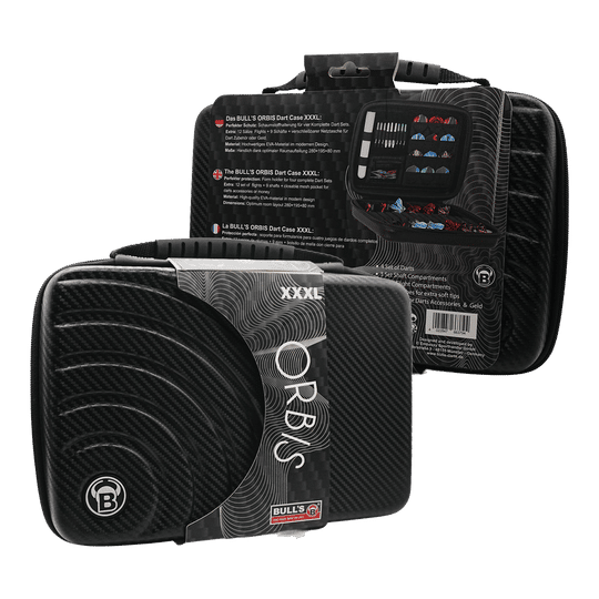 Das Bild zeigt das Produkt "Bulls Orbis XXL Dartcase - Carbongrey" in schwarzer Carbon-Optik. Das Dartcase ist groß und bietet Platz für mehrere Dart-Sets und Zubehör.