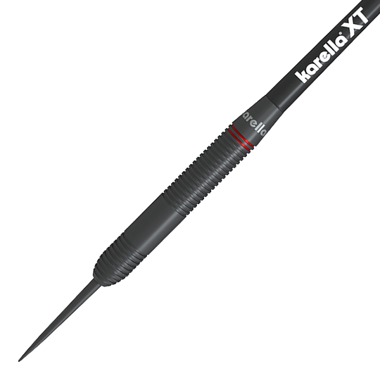Karella Daniel Klose Steeldarts Das Bild zeigt einen Karella Daniel Klose Steeldartpfeil. Der Dart ist schwarz mit einem geriffelten Griffbereich und einem roten Ring.