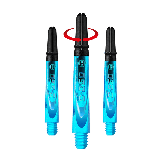 HR444_Harrows_Carbon_360_Shafts_Aqua_42mm_1-_Symbol Auf dem Bild sind drei blaue Dartschäfte mit schwarzem oberen Teil zu sehen. Über dem mittleren Schaft zeigen zwei rote Pfeile eine Drehbewegung an.