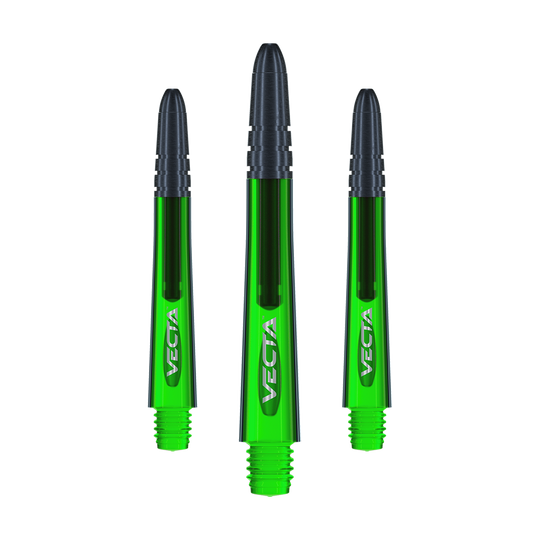 Das Bild zeigt drei grüne Winmau Vecta Shafts für Darts. Sie haben einen schwarzen oberen Teil und das Wort "Vecta" steht auf jedem Shaft.