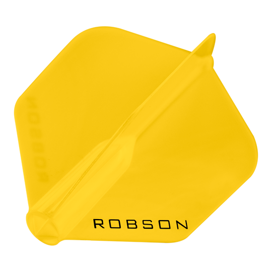 Robson Plus Standard Flights Das Bild zeigt einen gelben Dartflight der Marke Robson. Auf dem Flight steht das Wort "ROBSON" in schwarzer Schrift.