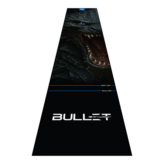 Bullet Hydra Dartmatte Die Bullet Hydra Dartmatte wird hier präsentiert. Diese Dartmatte schützt den Fußboden und erleichtert das richtige Platzieren des Spielers.
