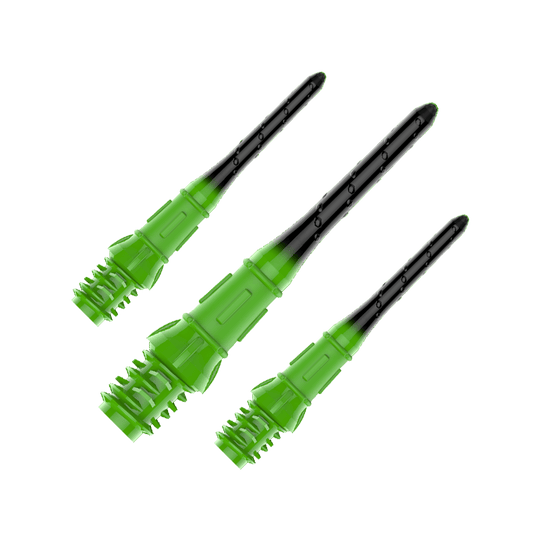L-Style Premium Lippoint Gradiation Dartspitzen (30er Pack) Das Bild zeigt drei schwarze und grüne Dartspitzen. Sie sind aus Kunststoff und haben ein Gewinde am unteren Ende.