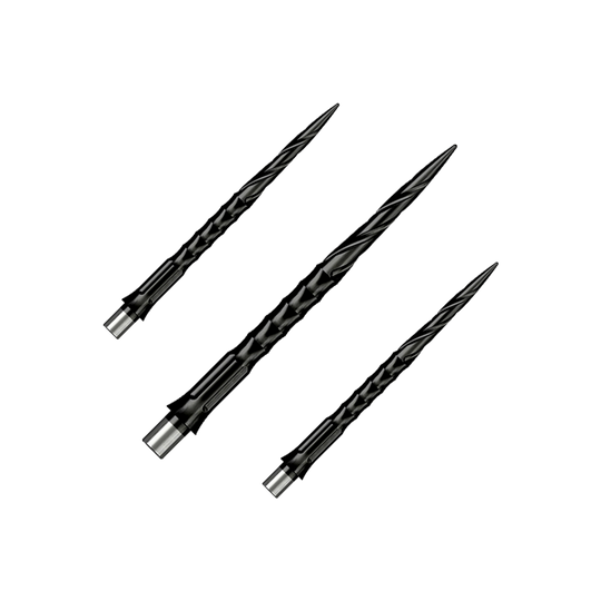 Gezeigt wird ein Set von Steeldartspitzen Caliburn Evo System Spiro NoLip Black, 36mm. Die Spitzen sind für Steeldarts geeignet und schwarz gefärbt.