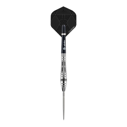 Caliburn Wolfpack W2 Steeldarts - 22g Dies ist ein Steeldart des Produkts "Caliburn Wolfpack W2" mit einem Gewicht von 22g. Der Dart hat ein silbernes Barrel und einen schwarzen Flight mit geometrischem Muster.