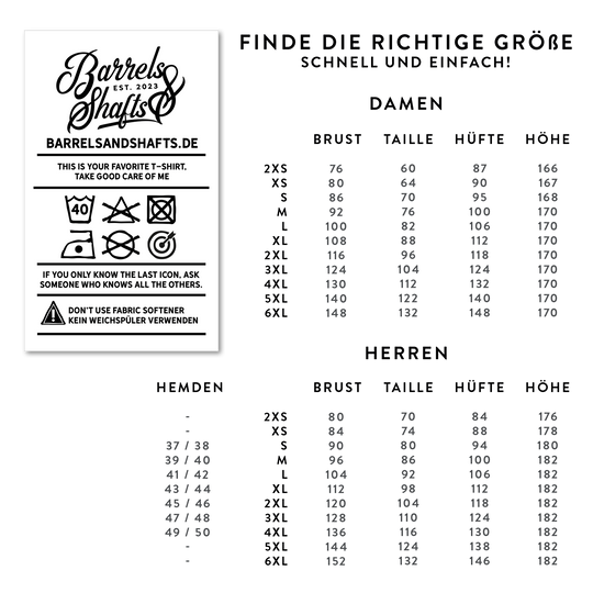 Barrels and Shafts Poloshirt - Schwarz Das Bild zeigt eine Größentabelle für das Produkt „Barrels and Shafts Poloshirt – Schwarz“ für Damen und Herren. Links sind Pflegehinweise für das T-Shirt abgebildet.