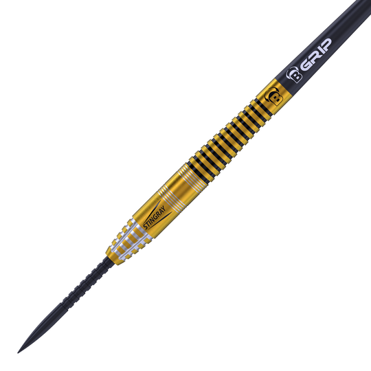 Bulls Stingray ST3 Steeldarts Das Bild zeigt einen Bulls Stingray ST3 Steeldart. Der Dart ist goldfarben mit schwarzen und silbernen Rillen und hat die Aufschrift „STINGRAY“.