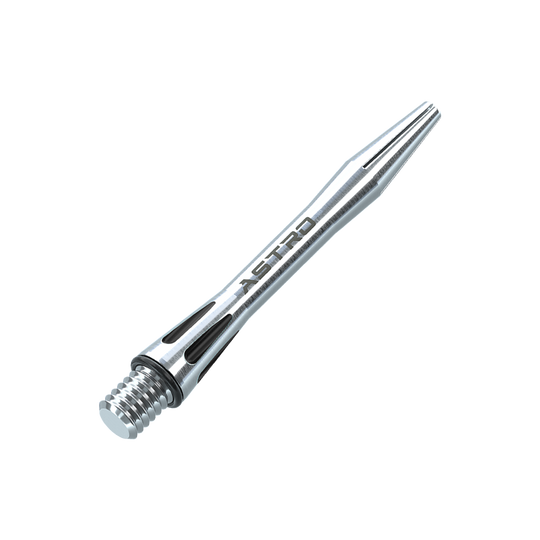 Das Bild zeigt einen silbernen Winmau Astro Aluminium Schaft für Dartpfeile. Der Schaft ist schlank designt und trägt die Aufschrift "ASTRO".