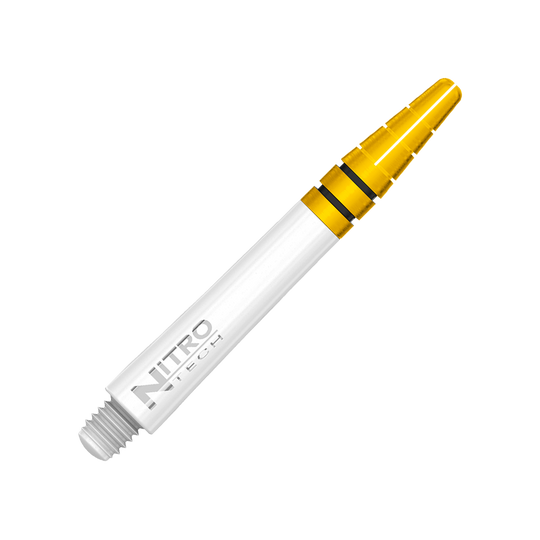 Auf dem Bild ist ein Red Dragon Nitrotech Shaft in Weiß und Gold mit einer Länge von 39 mm zu sehen. Der Schaft hat einen goldfarbenen oberen Teil und einen weißen unteren Teil mit der Aufschrift "Nitro Tech".
