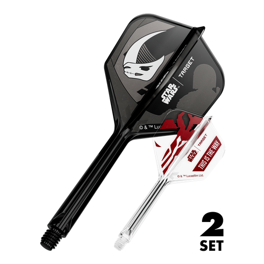Das Bild zeigt den Artikel '410625_Target_StarWars_K-Flex_Mandalorian_2PackSet_No6_Flights_33mm_1'. Es handelt sich wahrscheinlich um Dart-Flights mit Star Wars Mandalorian Motiv.
