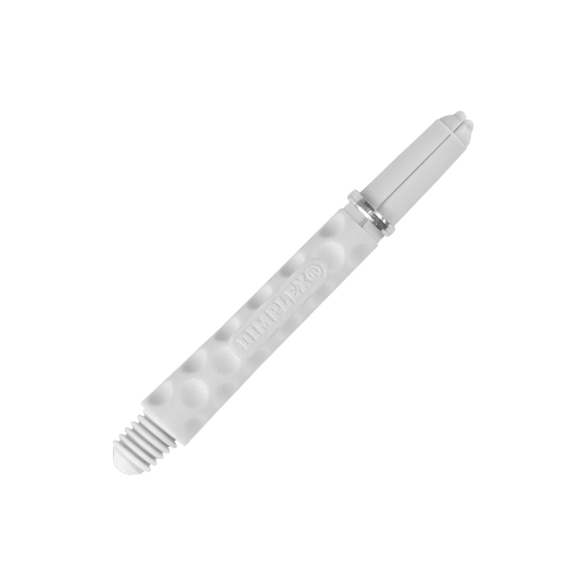 Das Bild zeigt einen weißen Dart-Schaft mit einer genoppten Oberfläche. Auf dem Schaft steht das Wort "DIMPLEX®".