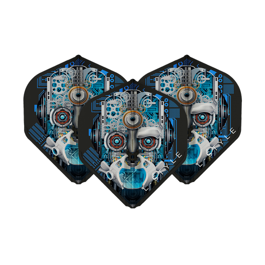 Das Bild zeigt drei schwarze Dart-Flights mit einem auffälligen, technischen Roboter-Gesicht als Design. Die Flights sind das Modell "L-Style Berry Van Peer V3 Black L1EZ".