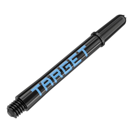 Das Bild zeigt einen schwarzen Dart-Schaft mit blauer Schrift, auf dem "TARGET" steht. Der Schaft hat ein Gewinde am Ende zur Befestigung am Dartpfeil.